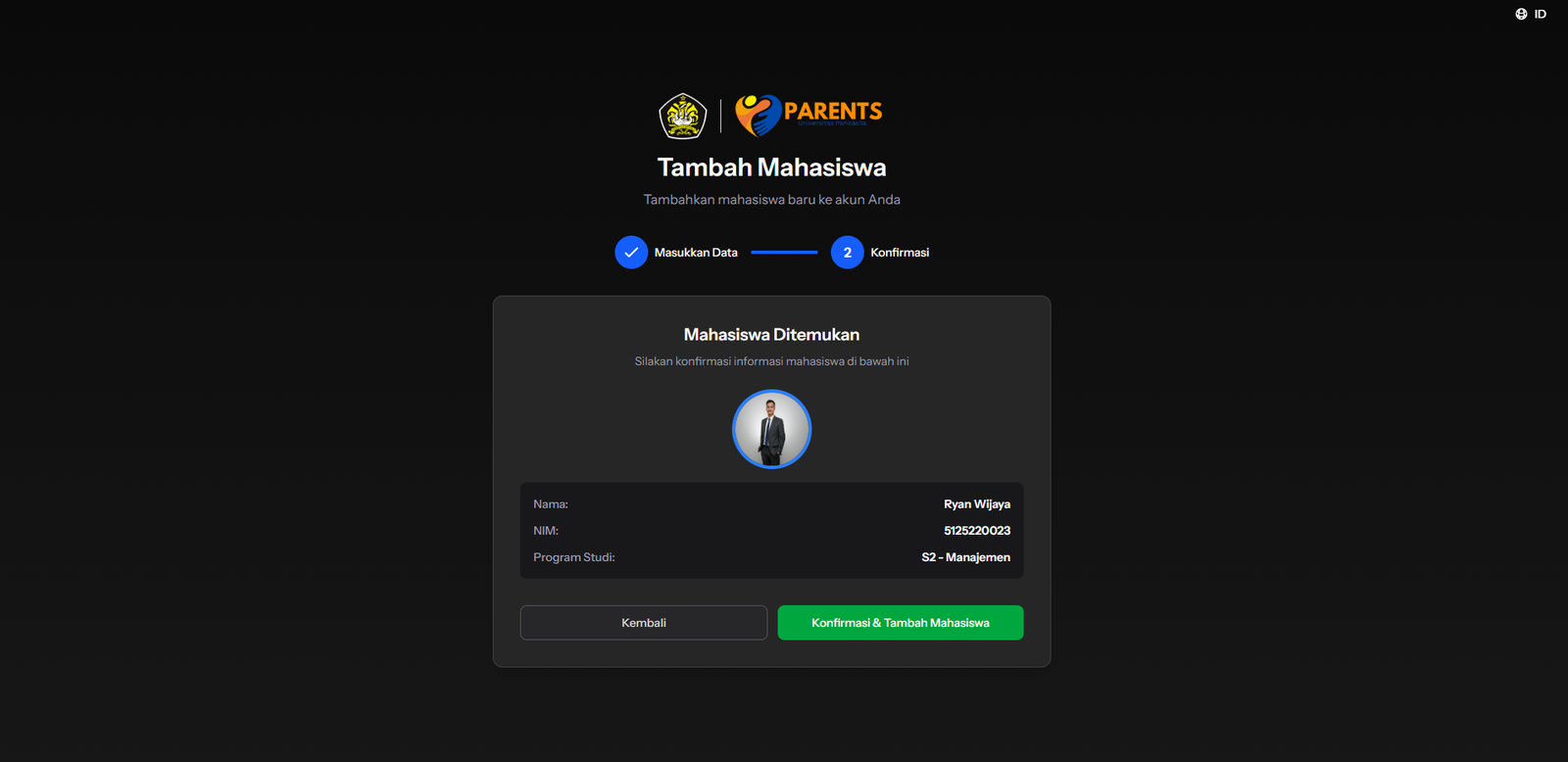 Konfirmasi data mahasiswa di Parents